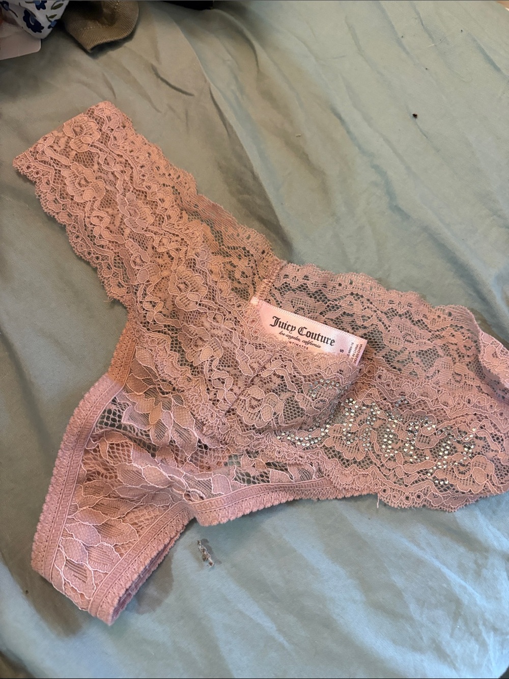 New Juicy Couture Pink Lace Rhinestone Thong Panty, small